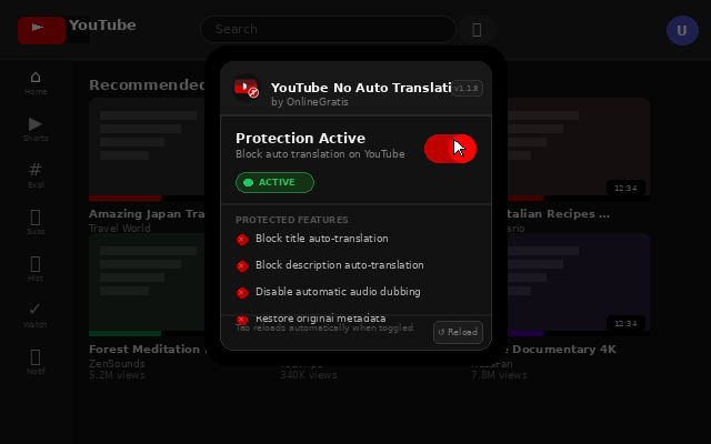 YouTube No Auto Translation screenshot