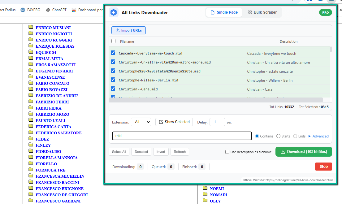 All Links Downloader popup with single page link list