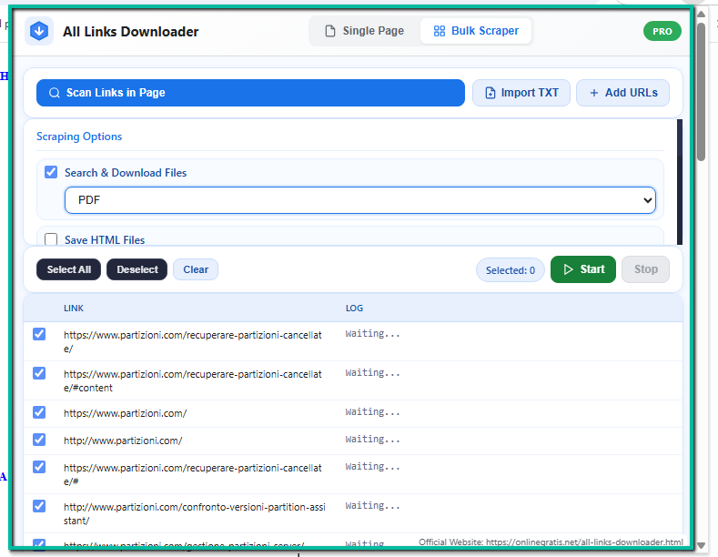 All Links Downloader Bulk Scraper tab screenshot