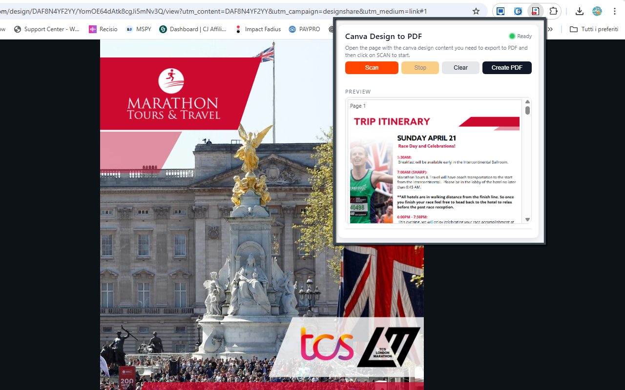 Canva Design to PDF Saver popup with page previews