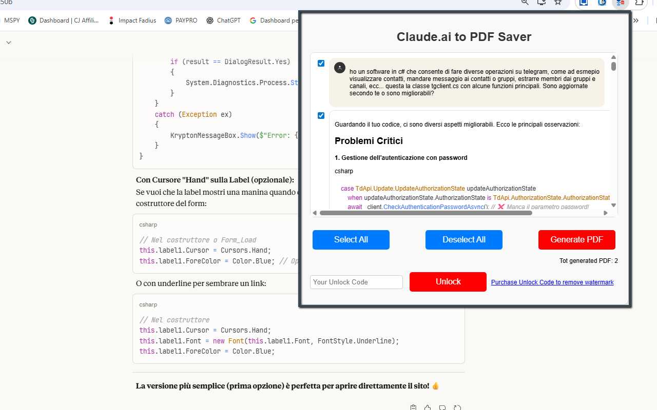 Claude to PDF Saver popup with export options