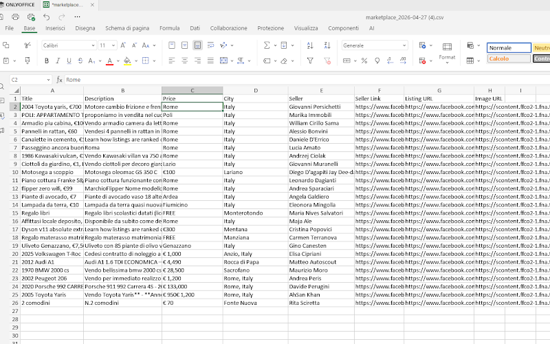 FB Marketplace Scraper CSV export screenshot