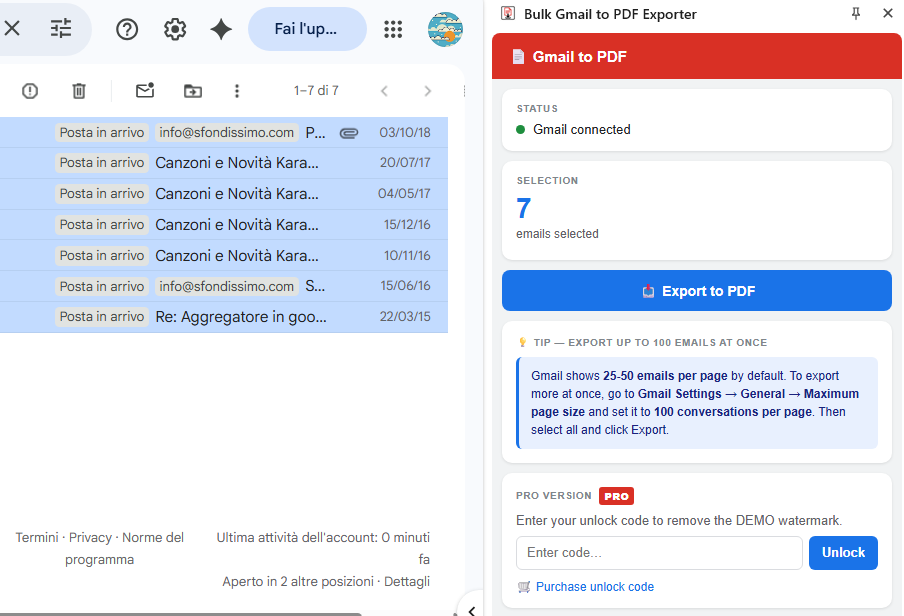 Bulk Gmail to PDF Exporter extension running inside Gmail