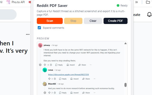 Reddit to PDF Saver popup while scanning a thread