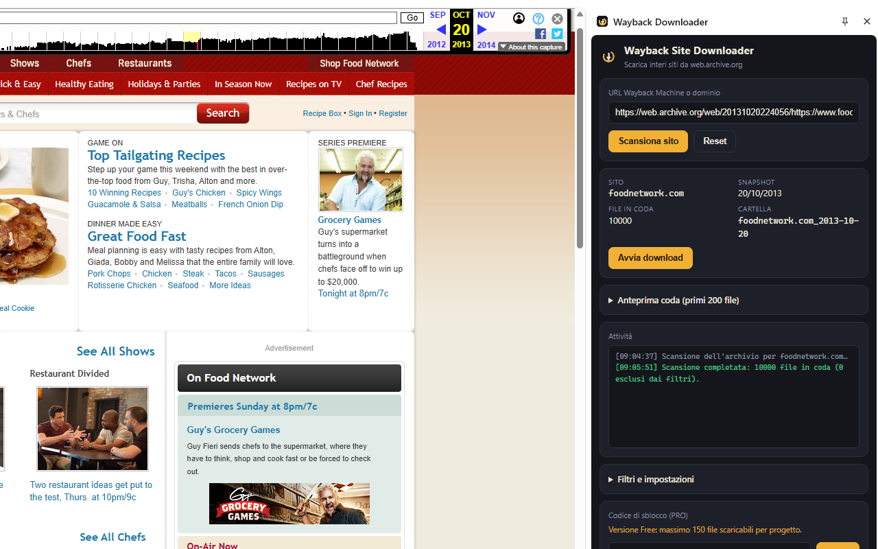 Wayback Site Downloader side panel with scan queue and download progress