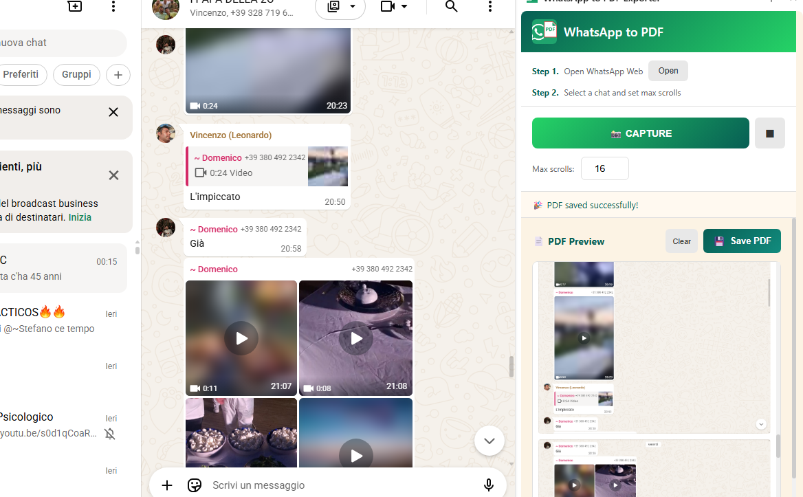 WhatsApp to PDF Exporter extension running on WhatsApp Web